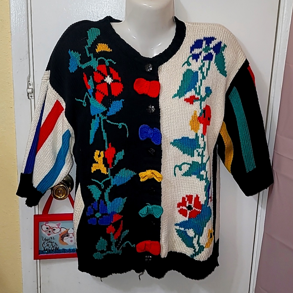 Lisa Nichols vtg 80's cardigan bow print details knit multicolored b11